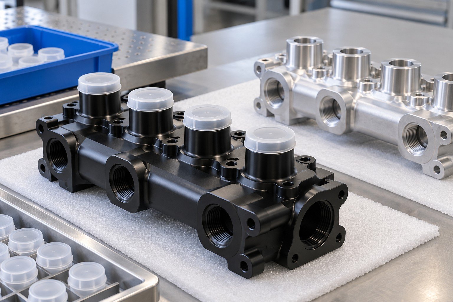 Anodized threaded manifold with sealed port protectors and separate uncoated reference blank