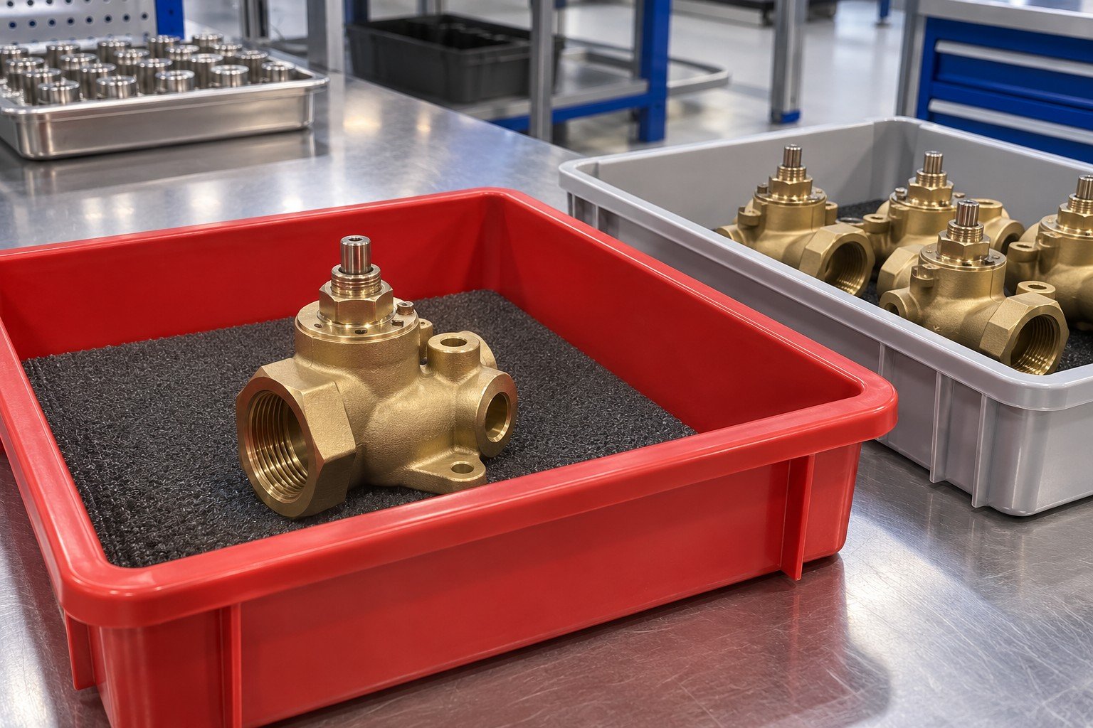 Isolated brass valve component in dedicated red quarantine tray with separate neutral accepted tray