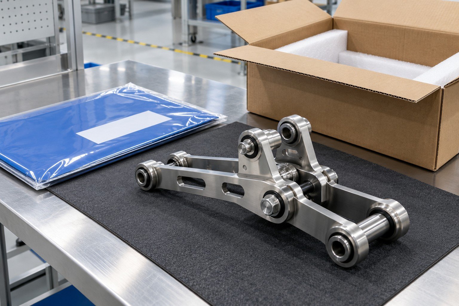 Finished stainless linkage assembly beside distinct sealed release folder and open empty shipping box
