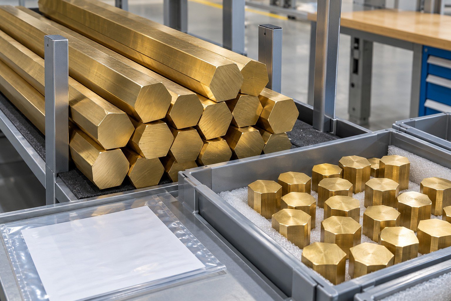 Incoming hexagonal brass stock bars and matching cut blanks separated in clean receiving rack beside plain material certificate sleeve