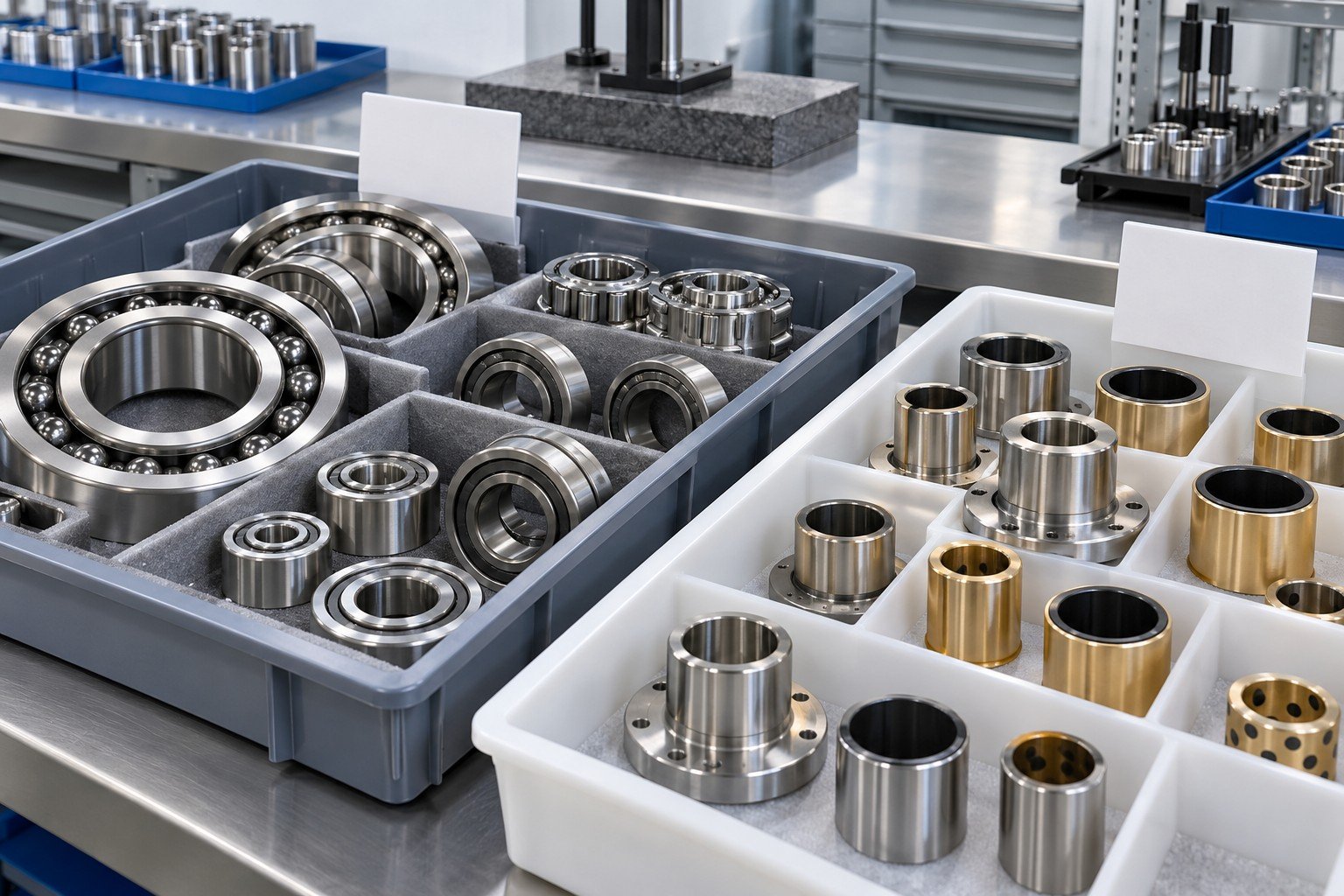 Purchased stainless bearings and precision bushings in separate receiving compartments with blank lot tags