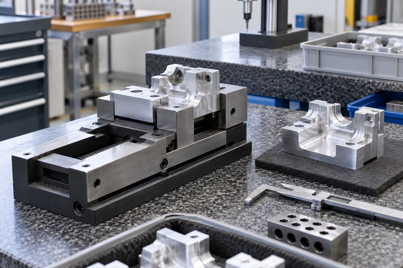 Unique first-off aluminum clamping jaw in unpowered CNC vise beside separate finished setup sample