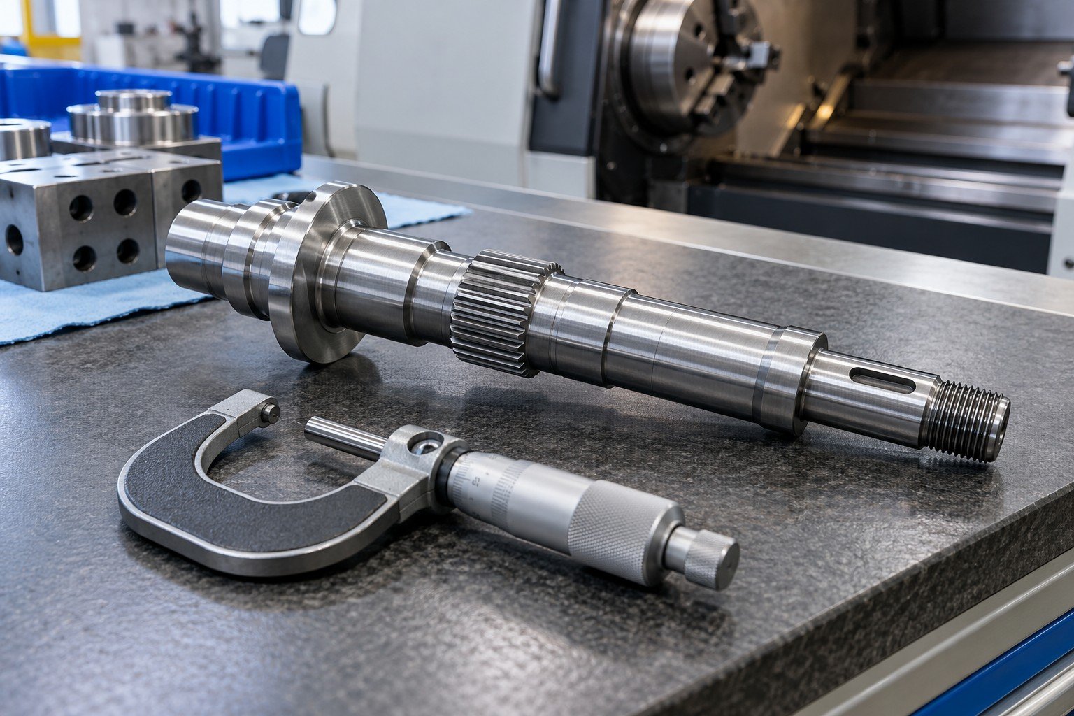 Turned stepped steel shaft beside micrometer with unreadable scale on clean in-process bench near unpowered lathe