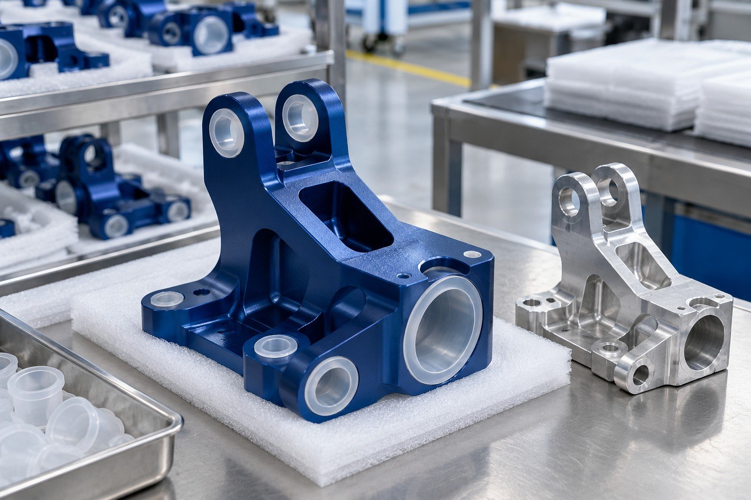 Coated deep blue aluminum bracket with protected threaded holes beside separate uncoated process coupon