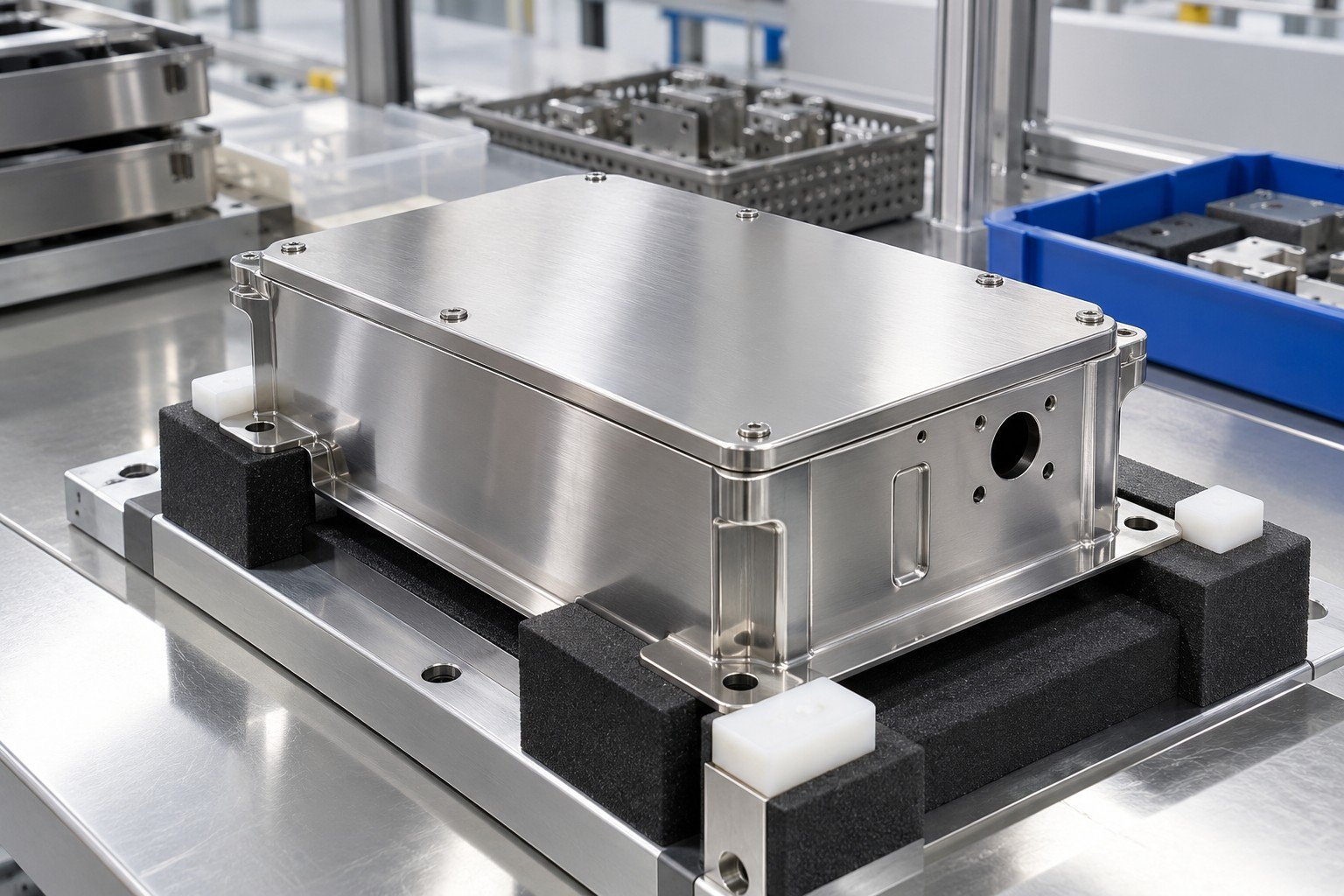 Finished folded stainless enclosure with mating cover on clean final checking nest