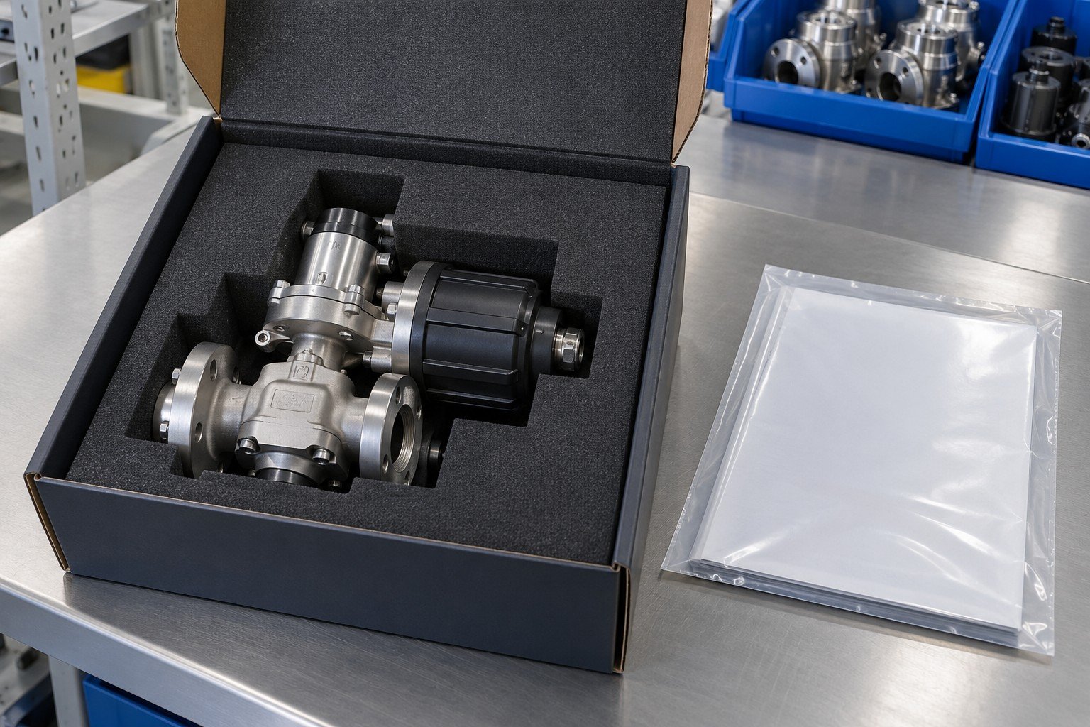 Finished mechanical valve subassembly in fitted foam package with separate sealed plain release folder