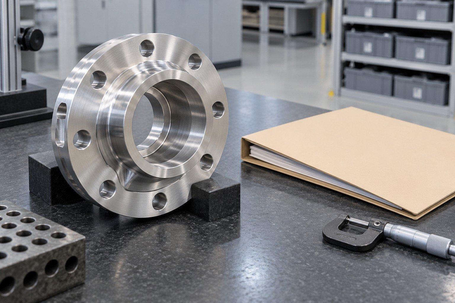 Aluminum flange and plain order-review folder on clean quality planning desk