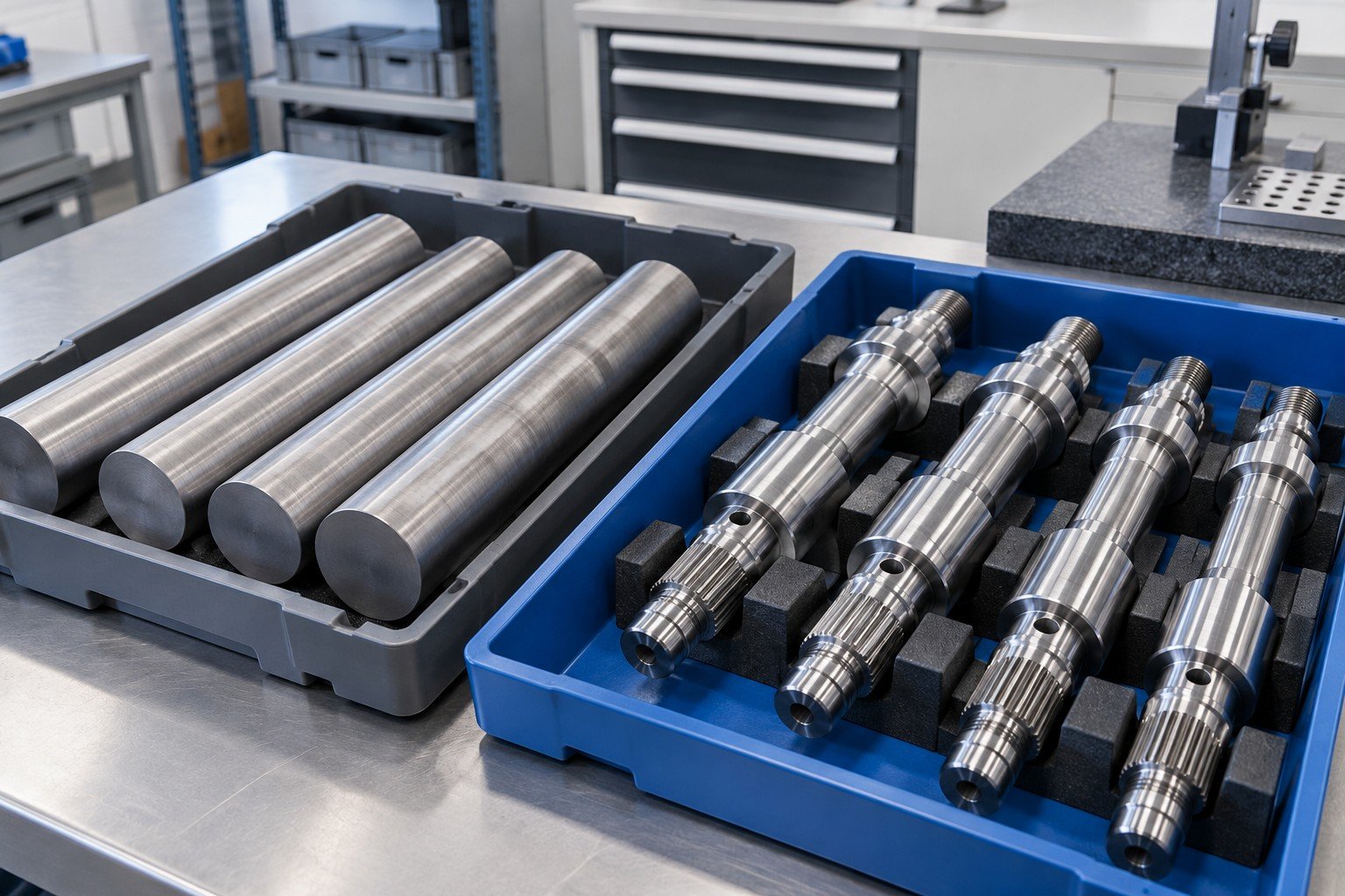 Raw machined steel shaft stock and finished shaft in separate receiving trays