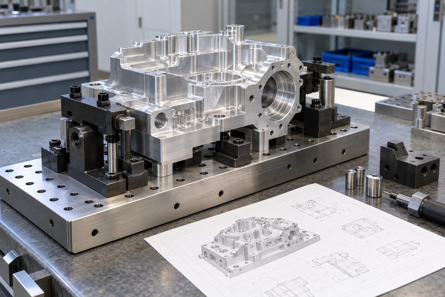 Unpowered CNC workholding fixture with partially machined aluminum block and abstract setup sheet