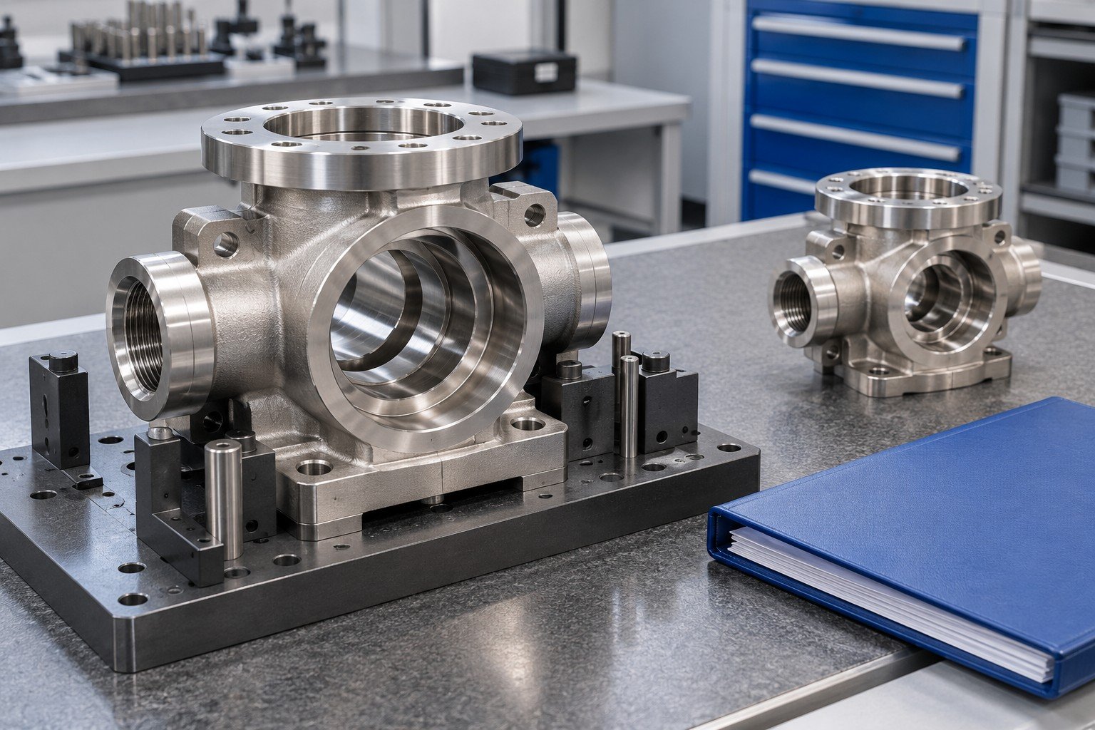 Illustrative quality-review concept: precision valve housing on an inspection nest beside a closed record folder