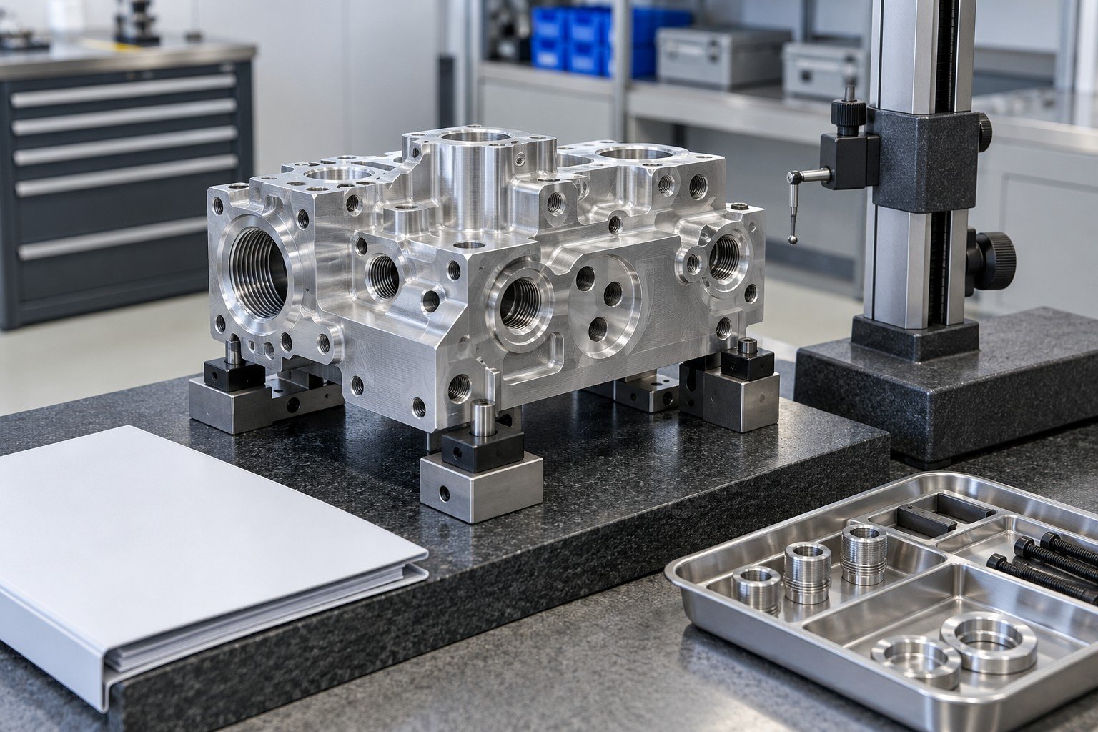 Complex machined aluminum manifold block with crossed ports and mounting datums on a clean inspection bench, calibrated-looking height gauge without readable scale, neatly separated sample tray and blank controlled-document folder