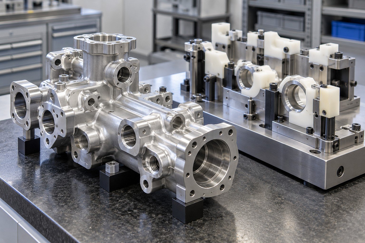 Complex CNC machined manifold with intersecting ports and matching checking fixture