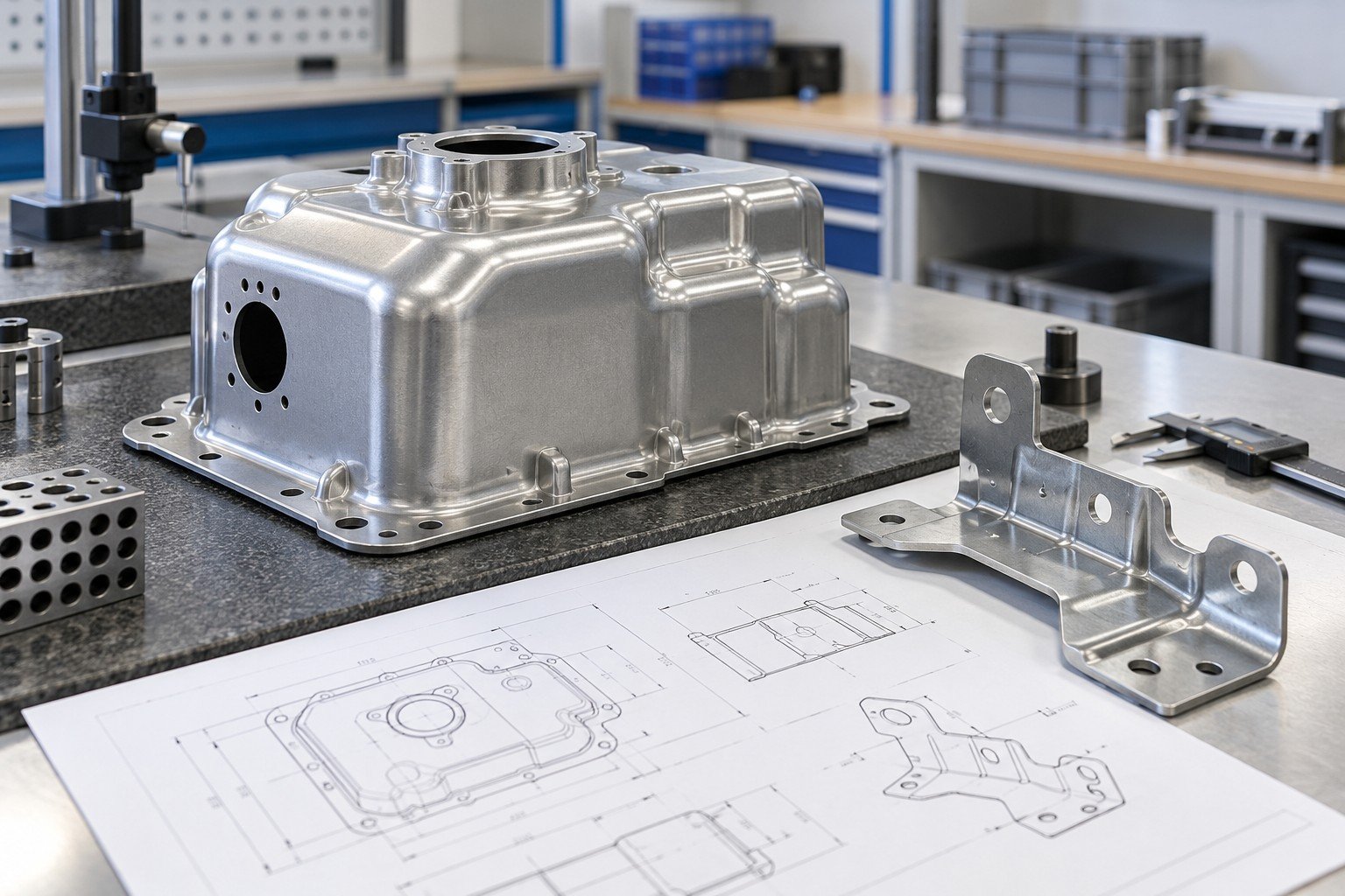 Deep-drawn metal housing and stamped mounting bracket with geometric drawing sheet