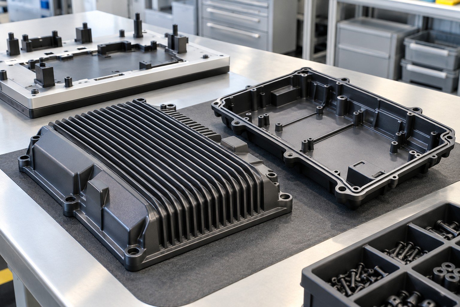Ribbed injection molded electronics cover with mating base and reference tray