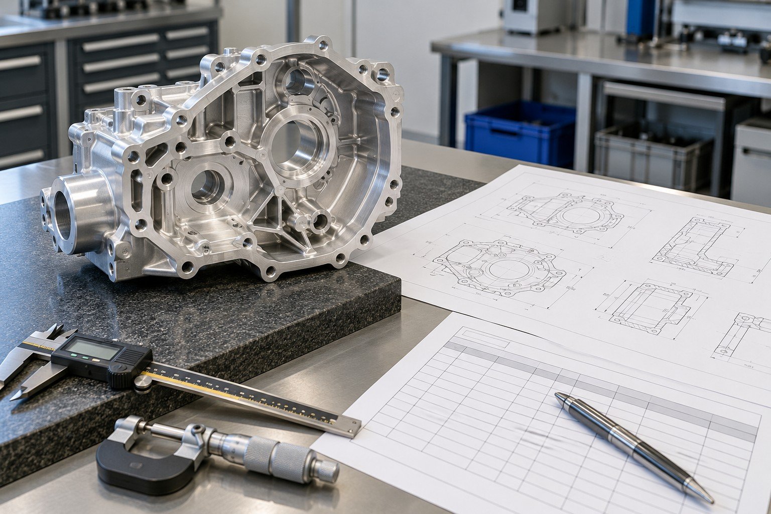 Machined aluminum housing beside abstract dimension drawing and clean blank inspection record sheet
