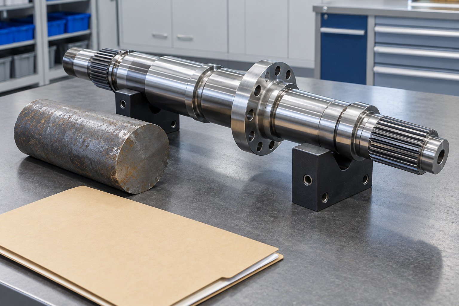 Steel shaft with raw material offcut and plain material-record folder