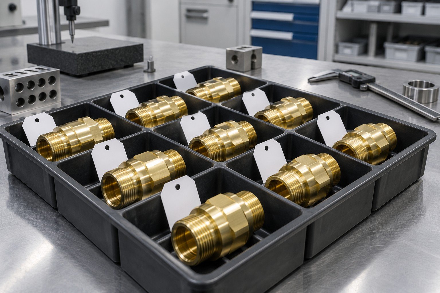Turned brass coupling in partitioned lot tray with blank identity tags
