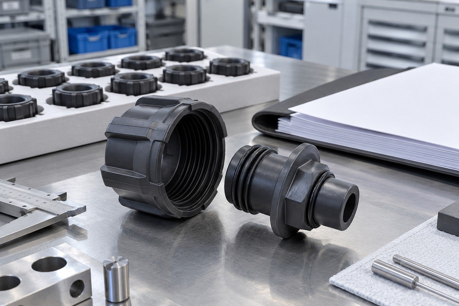 Molded polymer cap and mating plug with first-sample tray and blank review folder