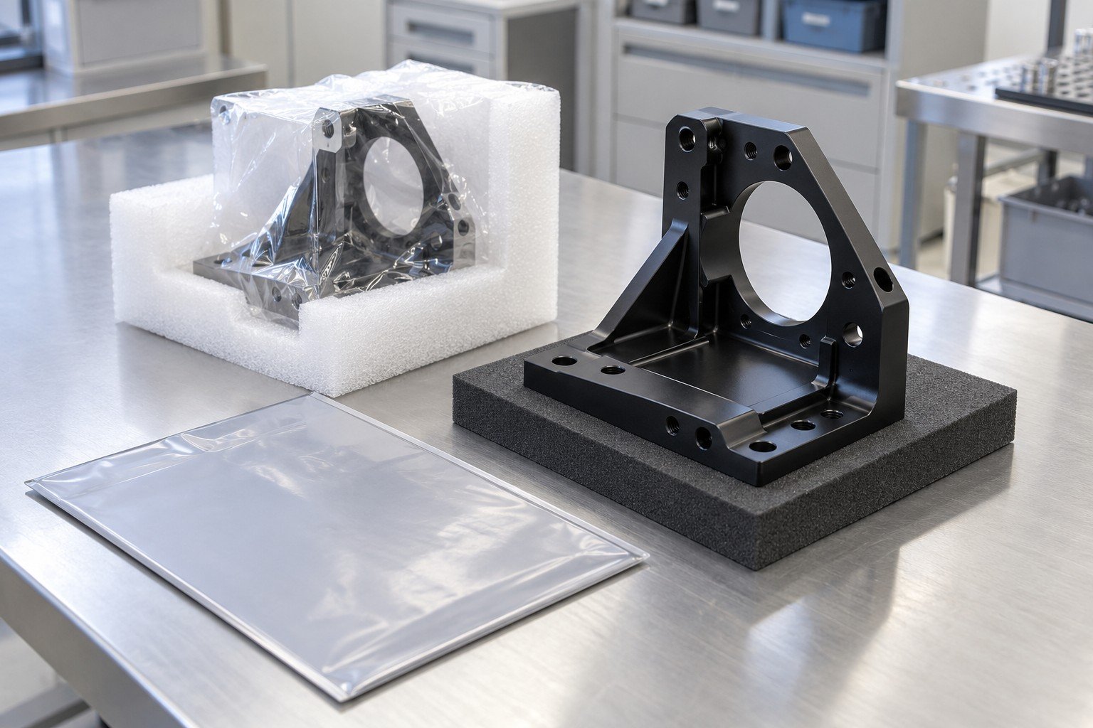 Finished black anodized bracket beside protected reference sample and plain finish record sleeve