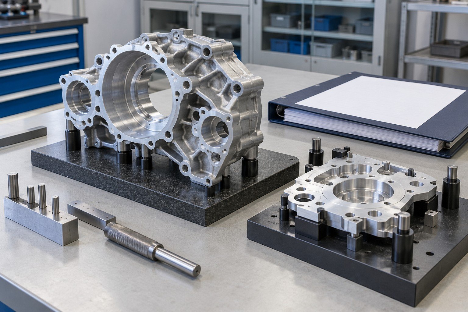 Complex machined part and mating sample on quality planning bench with blank controlled drawing folder