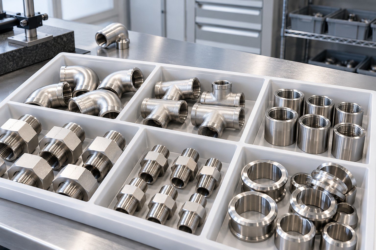 Incoming stainless fittings separated by geometry into clean compartment tray