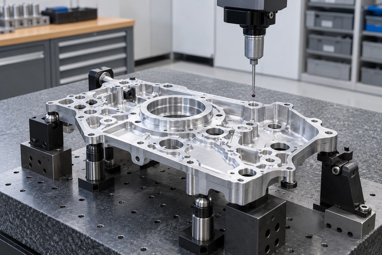 Precision aluminum plate on dedicated checking fixture with mechanical probe no readings