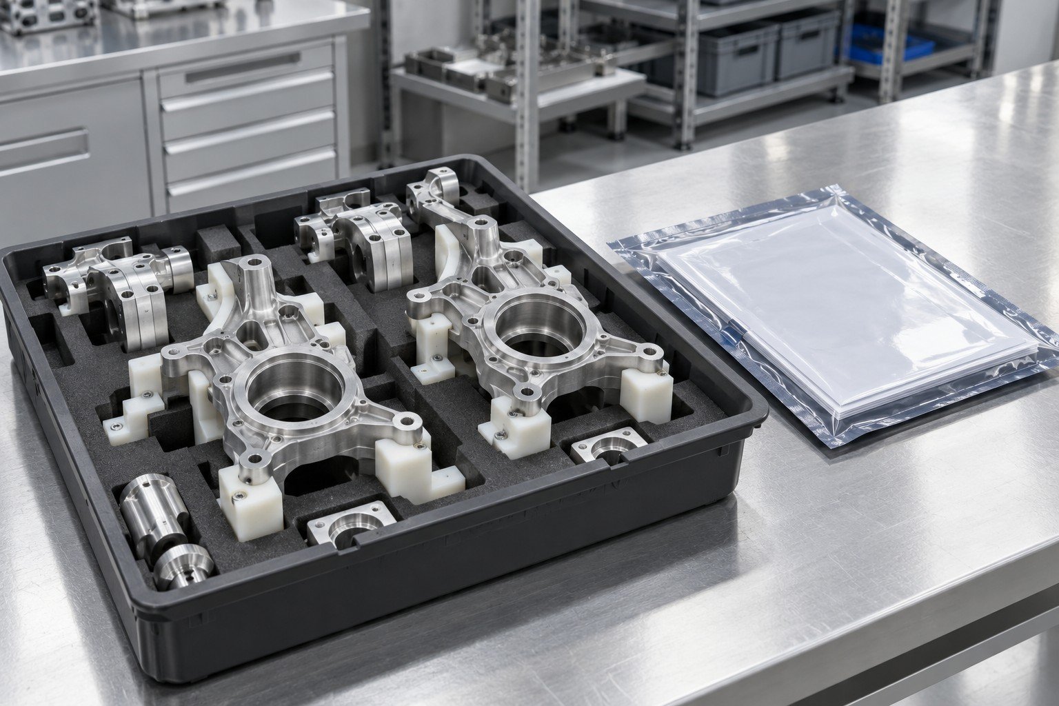 Protected machined parts in fitted shipment tray beside sealed record sleeve