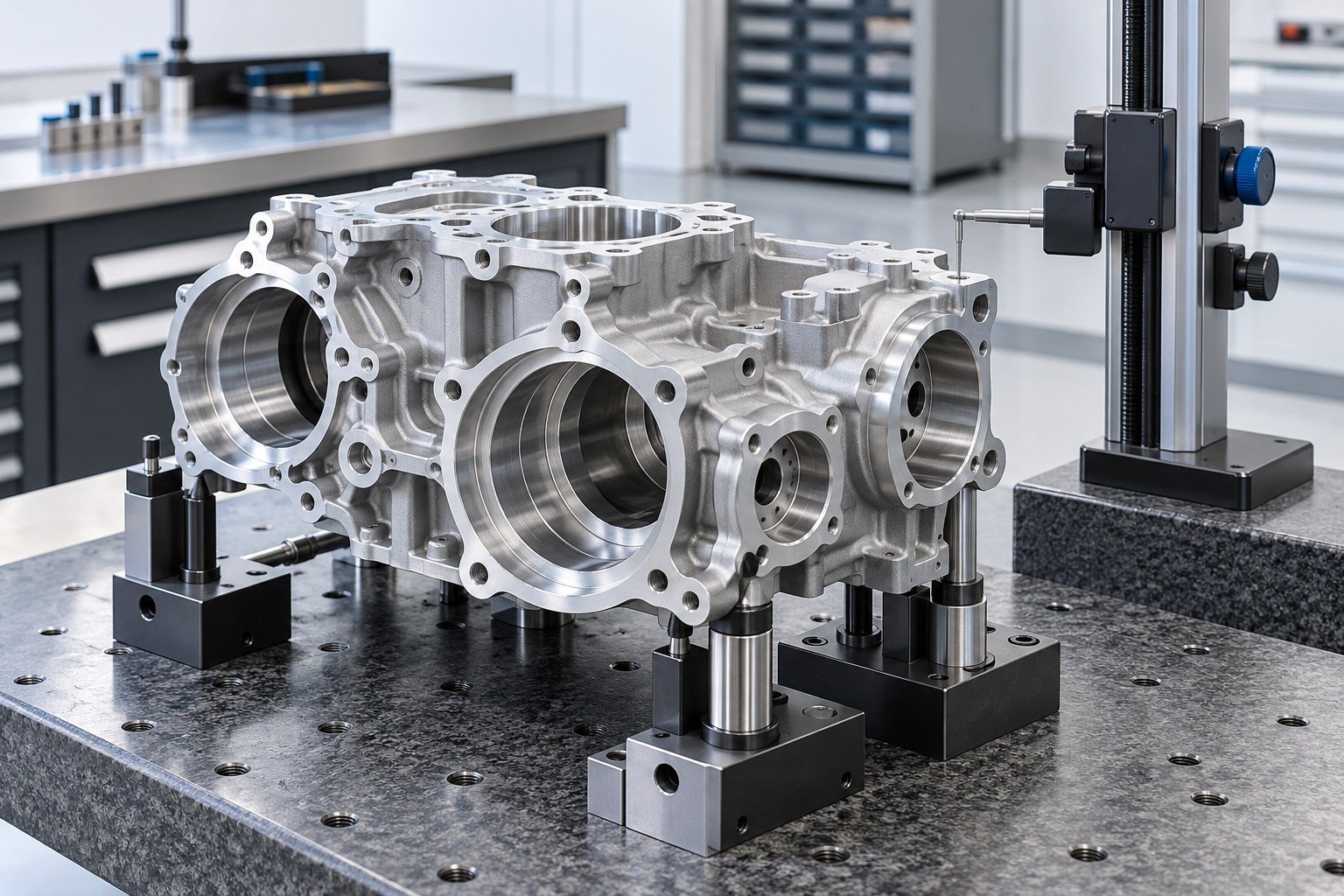 Multi-bore aluminum precision housing on dimensional inspection fixture with height gauge no readable value