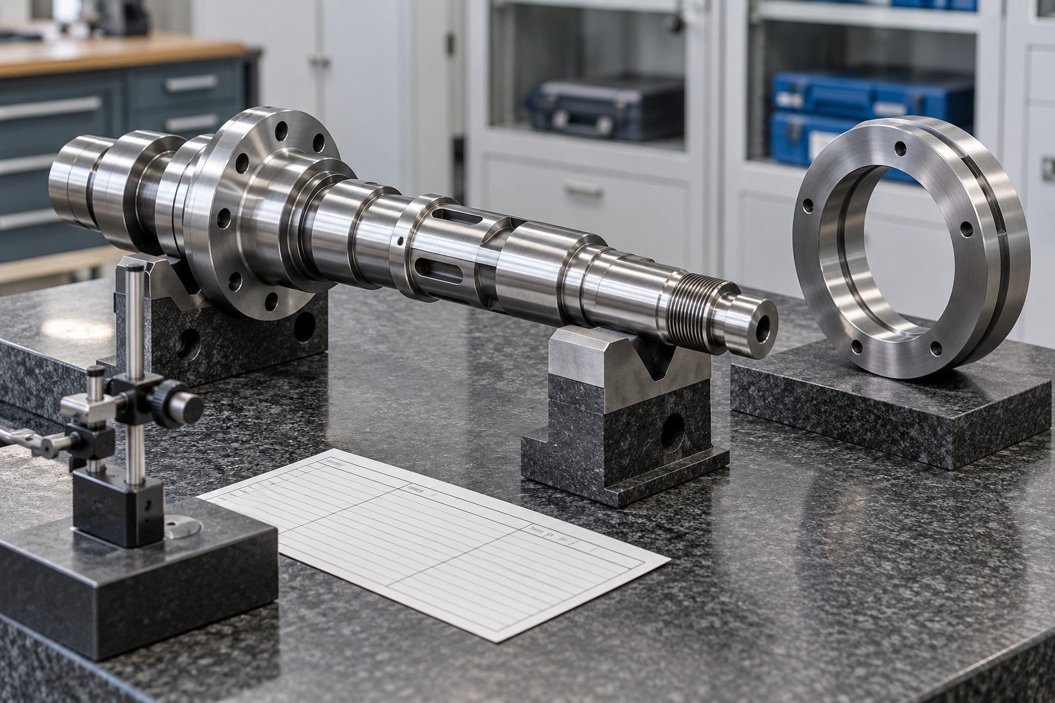 Turned steel spindle and reference ring on clean granite bench with plain gauge record card