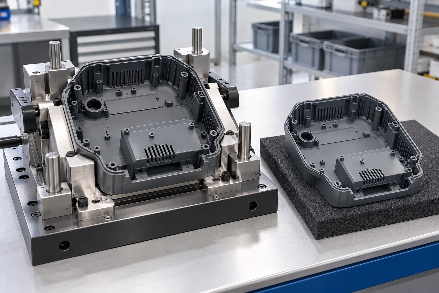 Plastic enclosure in matching mating fixture beside accepted reference sample