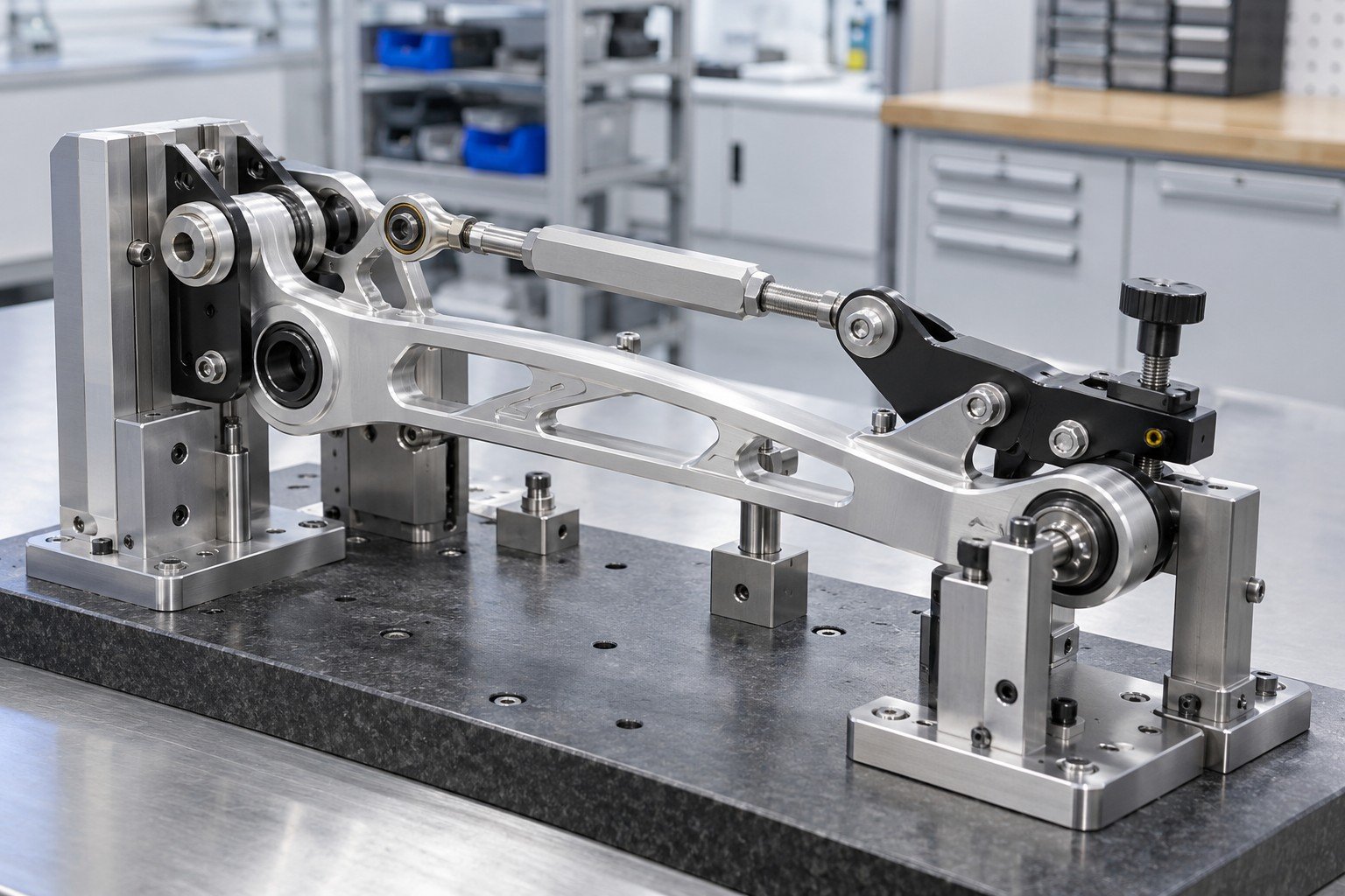 Assembled mechanical linkage with adjustable stop and dedicated inspection nest