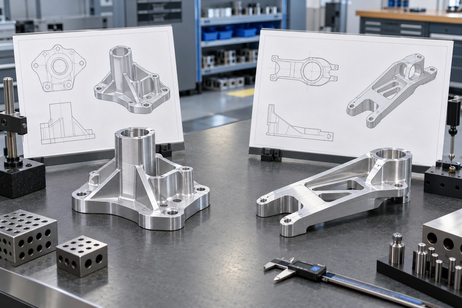 Two distinct drawing revisions represented by different part shapes beside matching aluminum samples, no readable document text