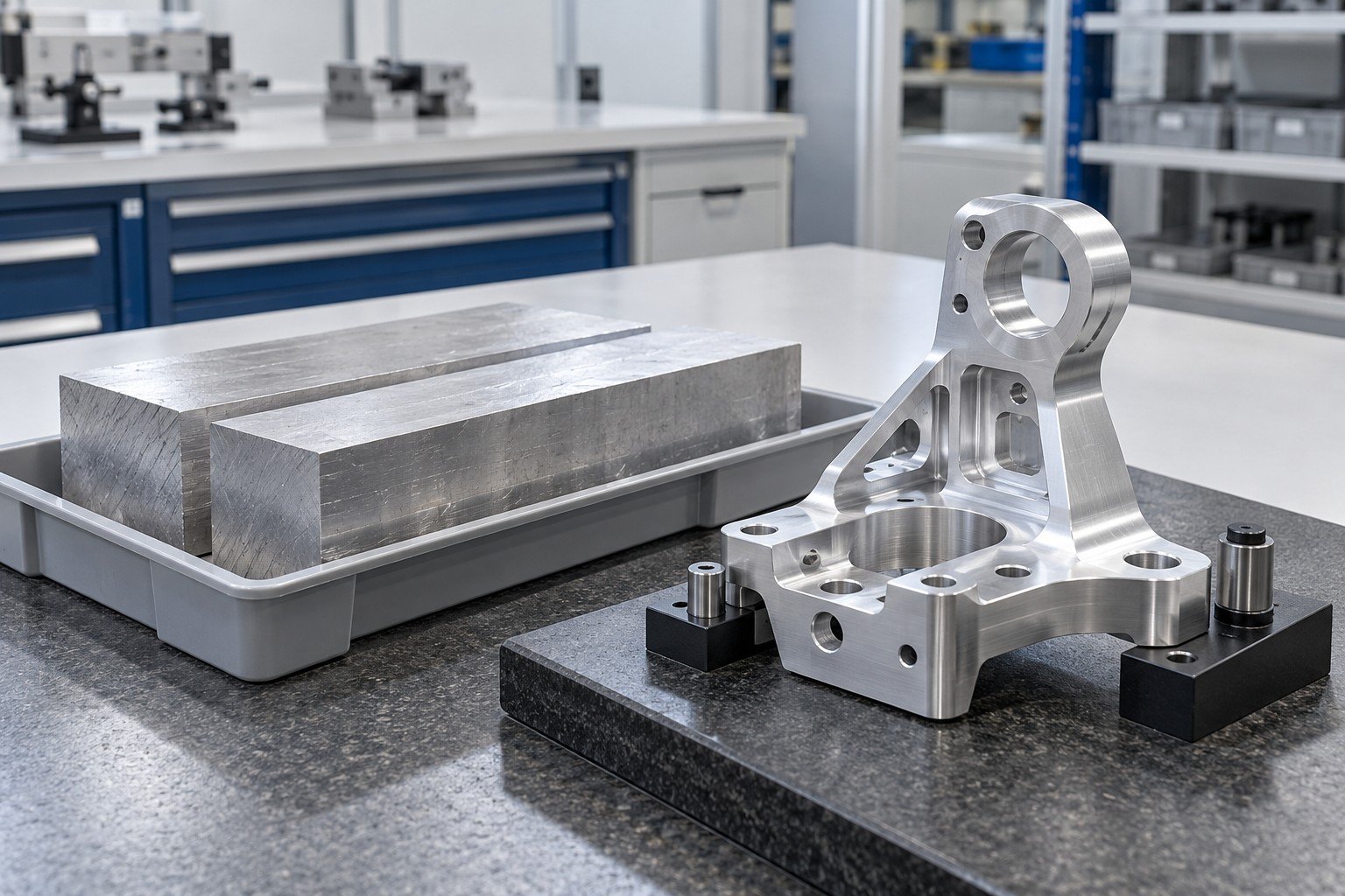 Separate incoming metal stock and finished machined bracket with plain receiving tray