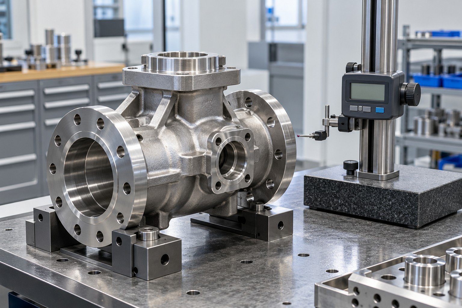 Machined valve body and calibrated-looking gauge with unreadable display