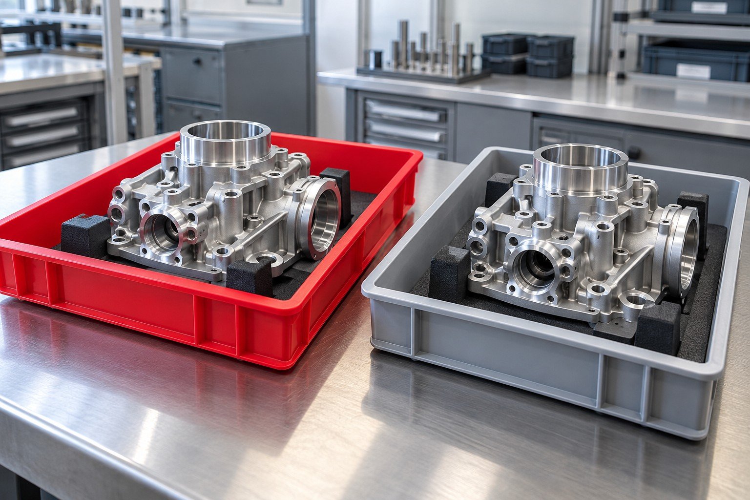 Isolated part in dedicated red quarantine tray beside good part in neutral tray, no labels