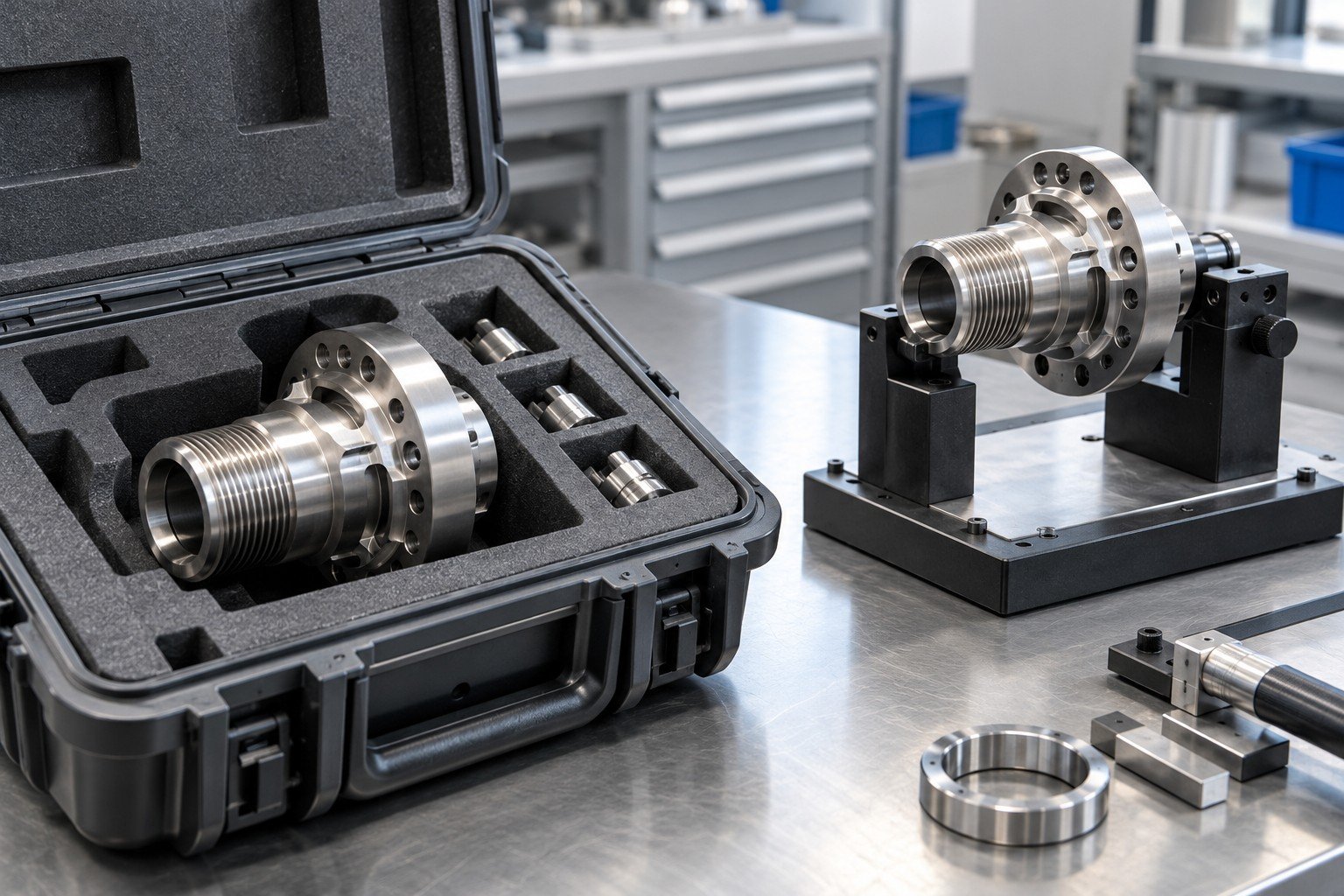 Threaded metal component in protective compartment and separate sample fixture