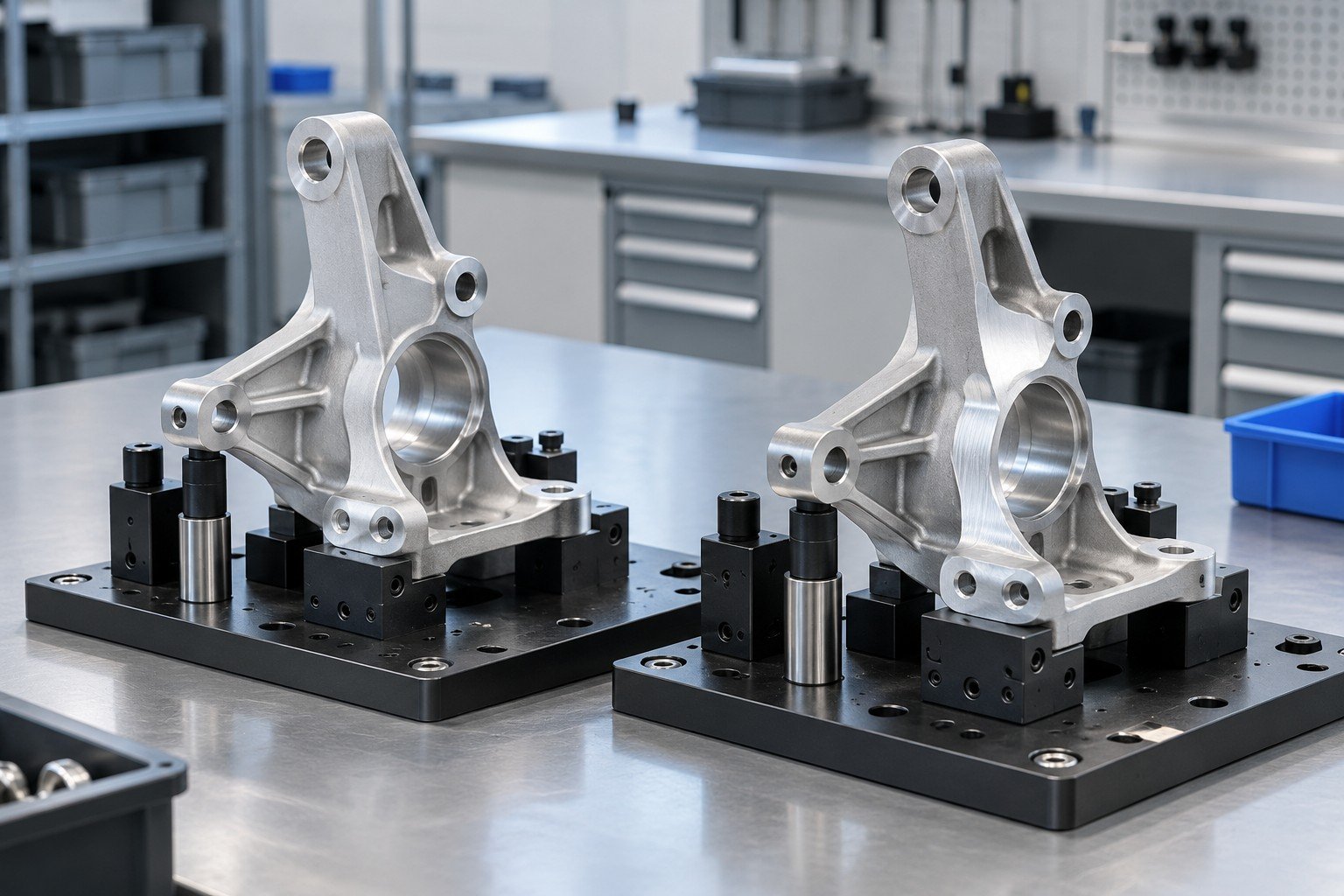 Distinct reworked aluminum bracket on inspection nest with clearly separate unmodified sample