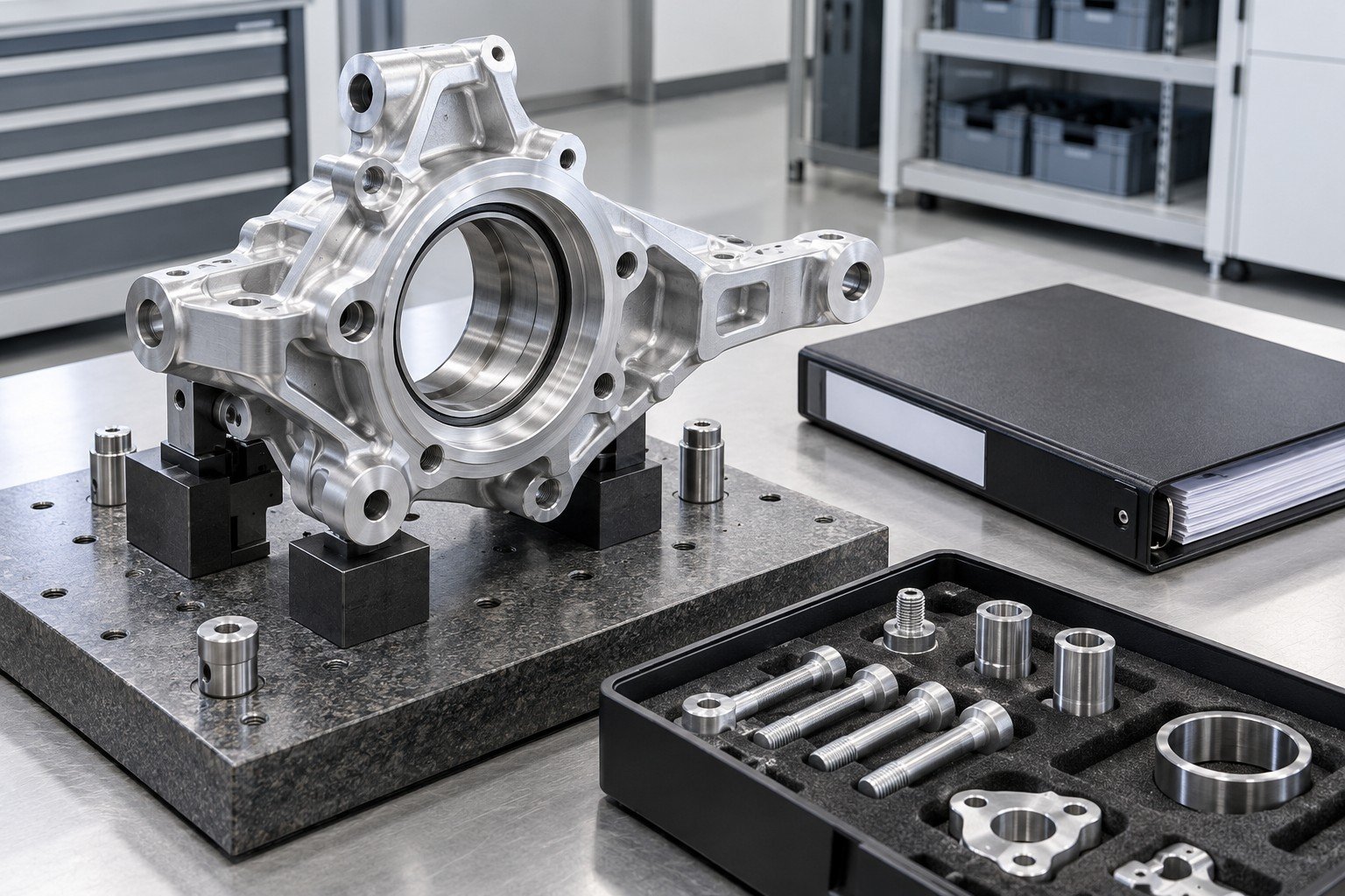 Machined aluminum bearing carrier with blank supplier-document folder and separate sample tray