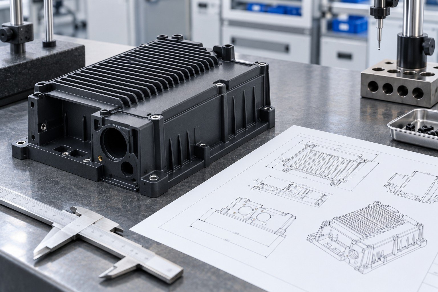 Ribbed plastic instrument enclosure beside manufacturing drawing sheet showing only abstract geometry and no readable values