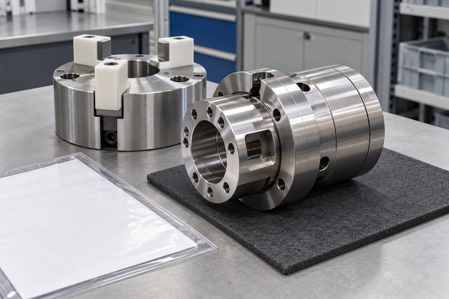Turned stainless coupling with matching soft-jaw fixture and plain document sleeve