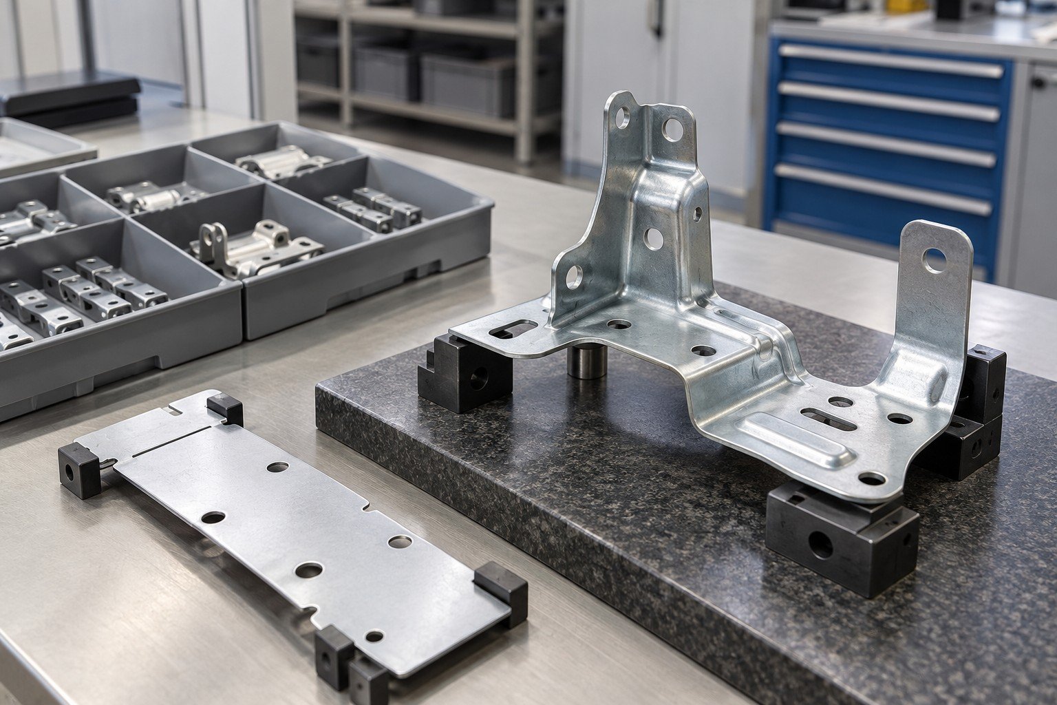 Stamped bracket with separate incoming material sample strip and partitioned tray