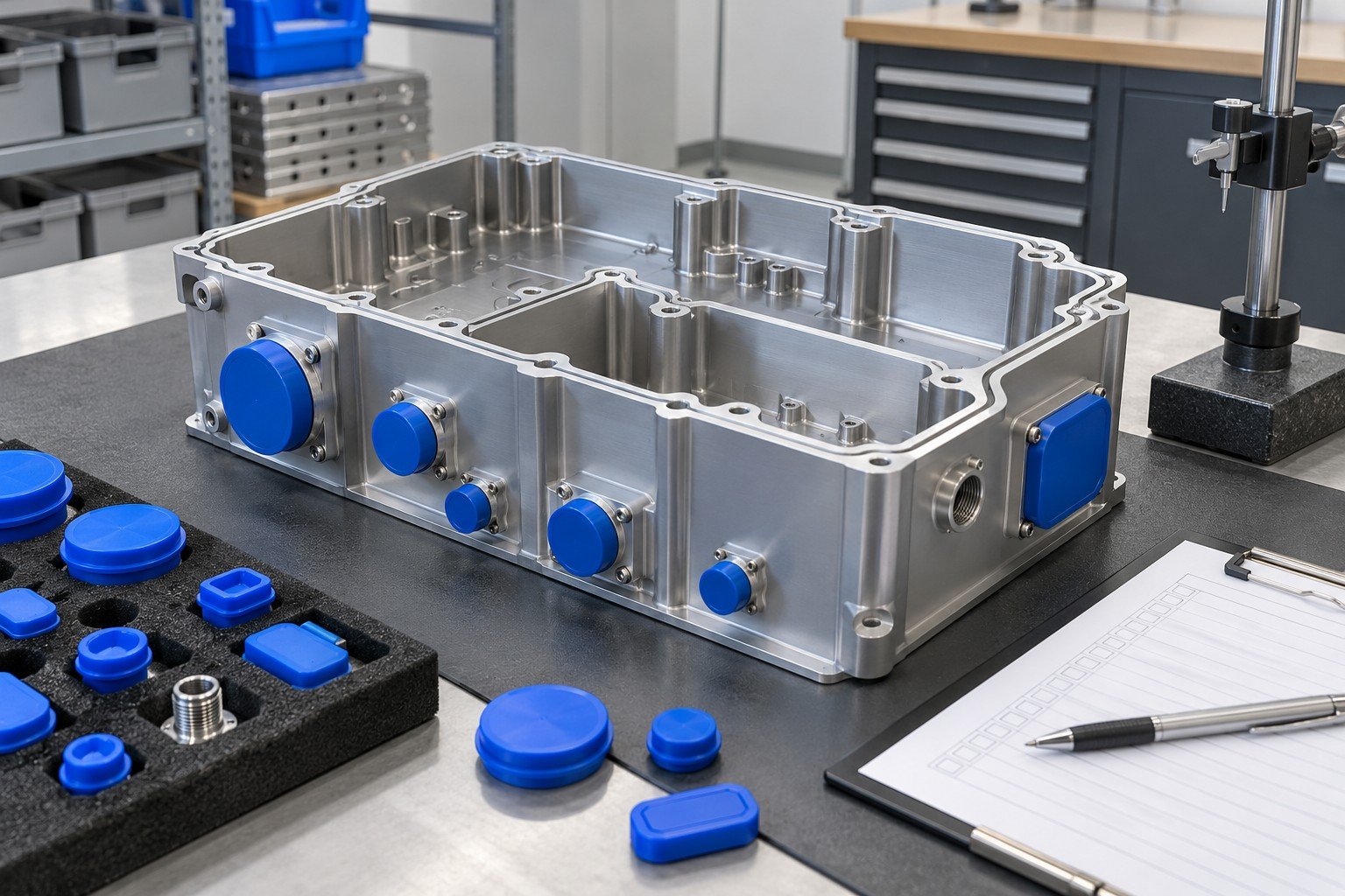Anodized aluminum enclosure with protected threaded ports and plain receiving checklist