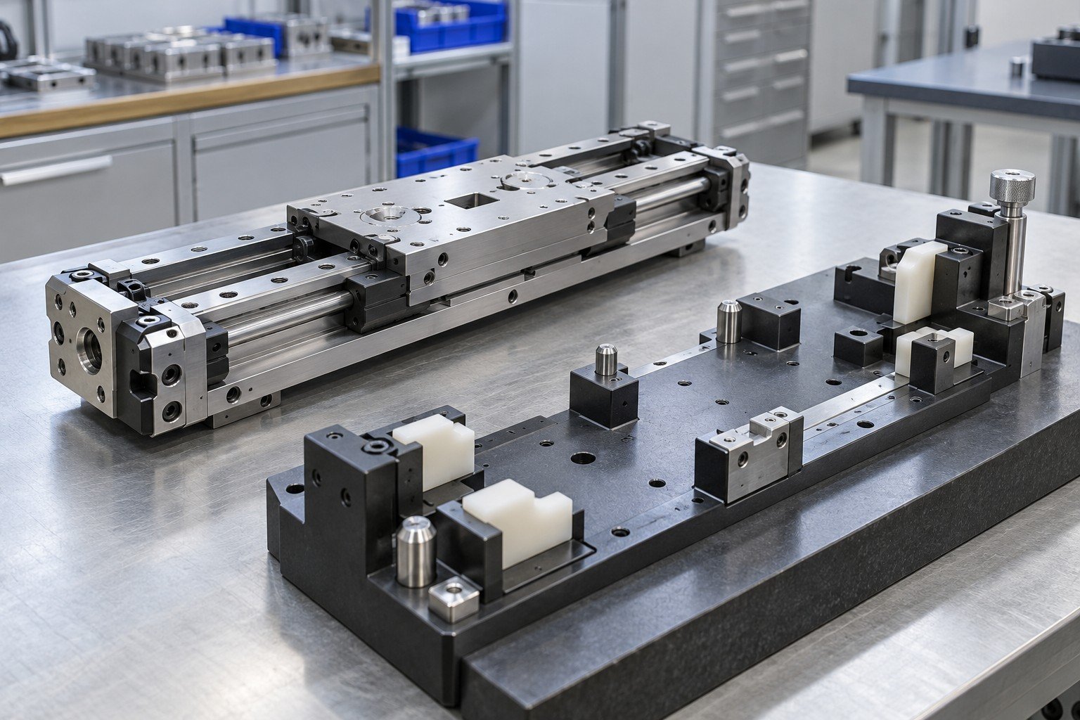 Mechanical slide subassembly with locating features and dedicated inspection nest