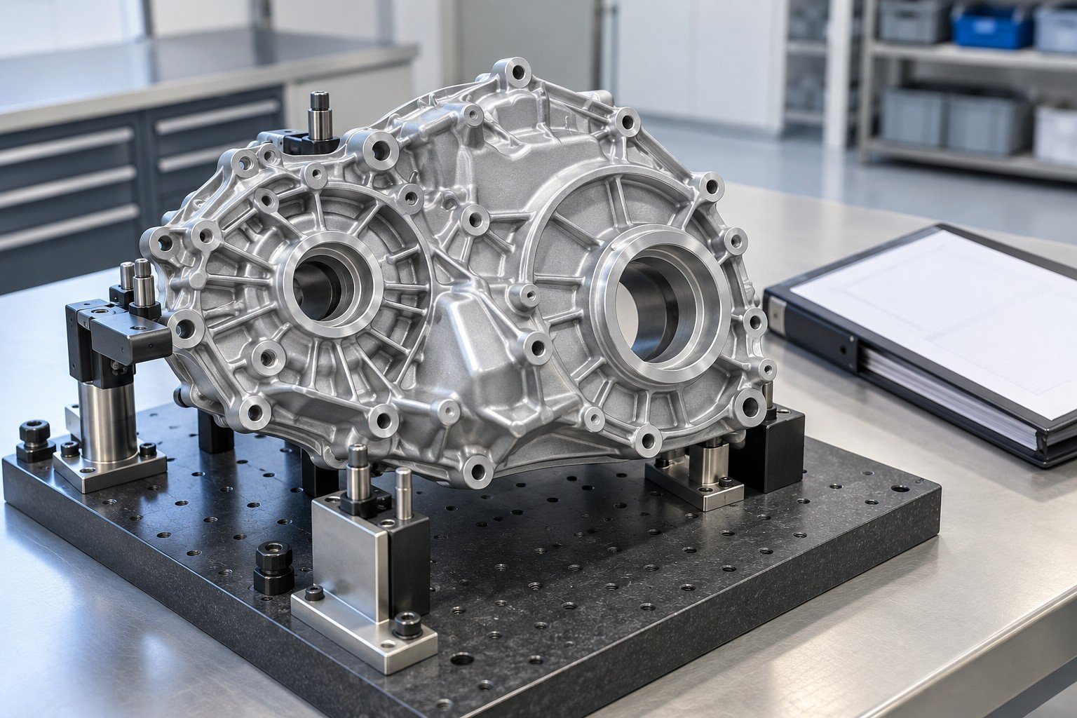 Complex die-cast gearbox cover on inspection fixture with blank controlled drawing folder