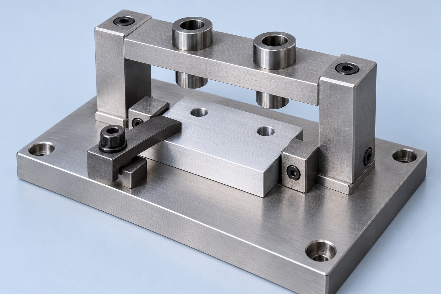 Generated concept: drill jig with two guide bushings above a clamped aluminum workpiece