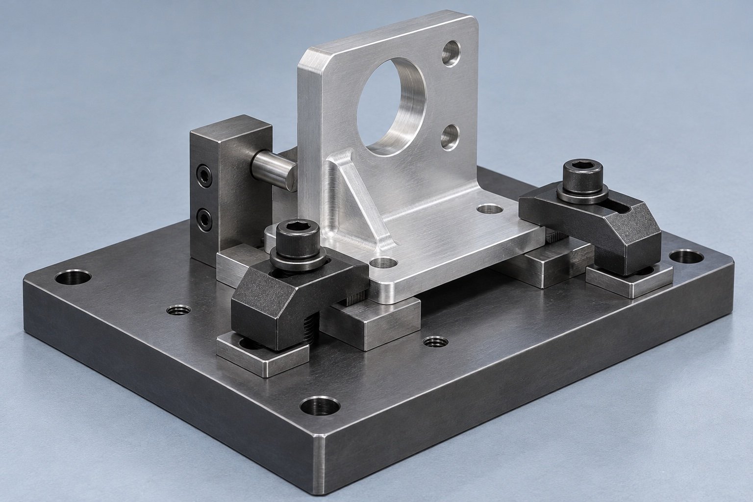 Generated concept: aluminum bracket held by two clamps on a steel milling fixture