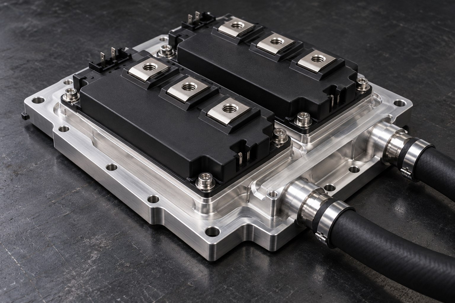 Illustrative liquid cold plate in a power electronics assembly concept, not documentary company or customer photography