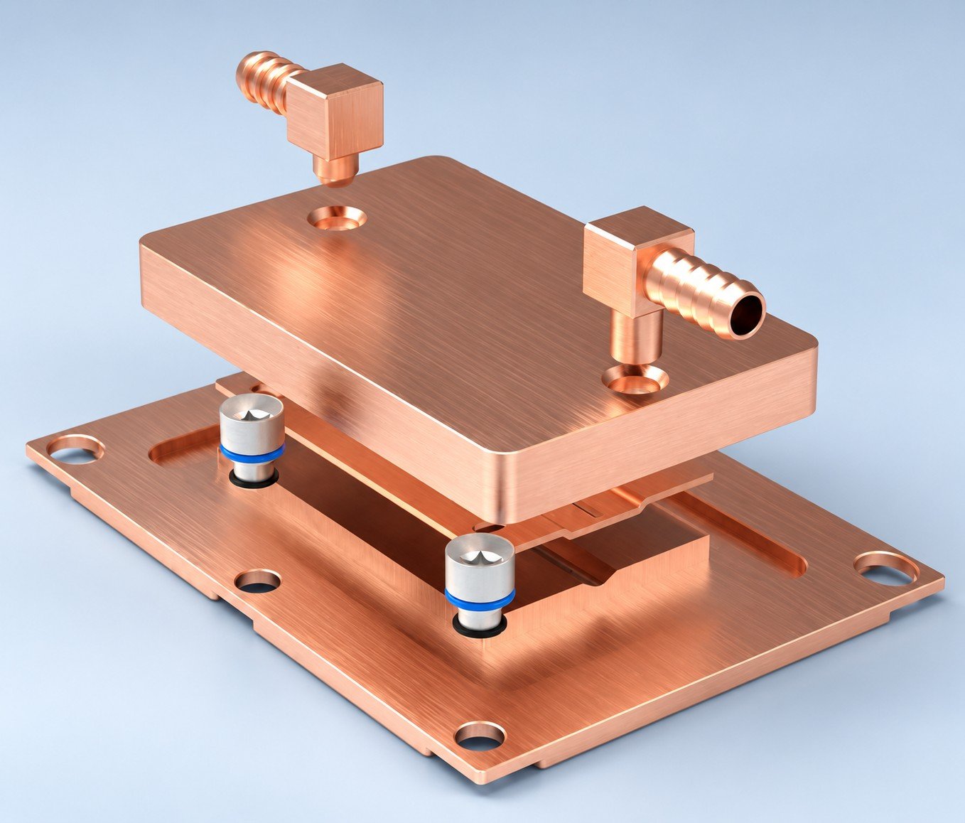 Illustrative user-supplied copper cold plate exploded assembly rendering, retouched concept, not documentary company or customer photography
