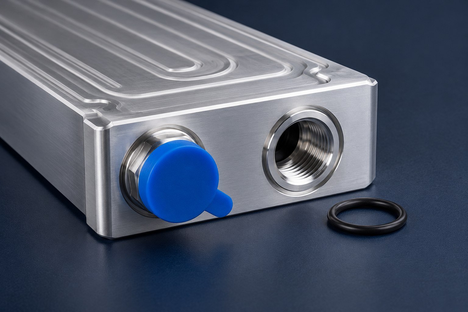 Illustrative threads and seals on a liquid cold plate concept, not documentary company or customer photography