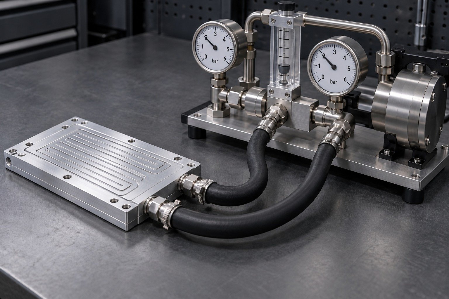 Illustrative hydraulic review fixture with illustrative 0–6 bar gauge scales, not an LK MFG test result concept, not documentary company or customer photography